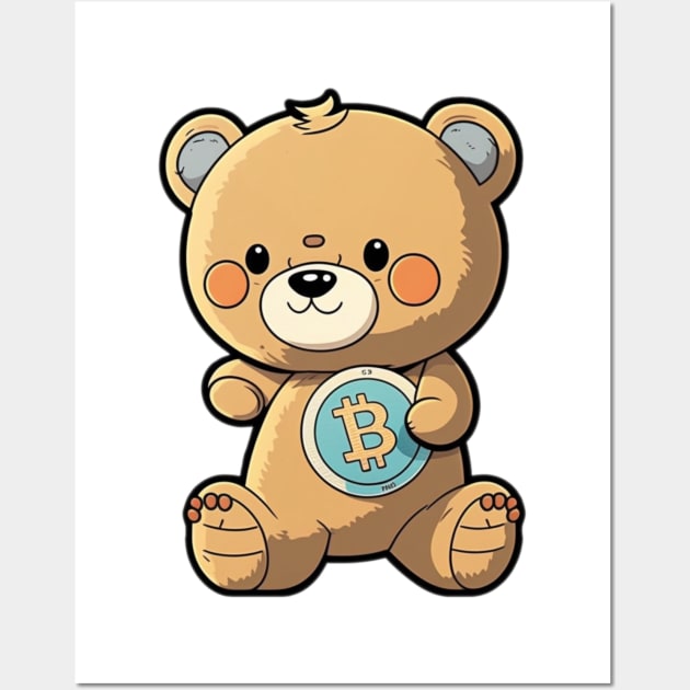 Cartoon Teddy Bear with a Bitcoin Coin - A Must-Have for Cryptocurrency Fans! Wall Art by DesginsDone